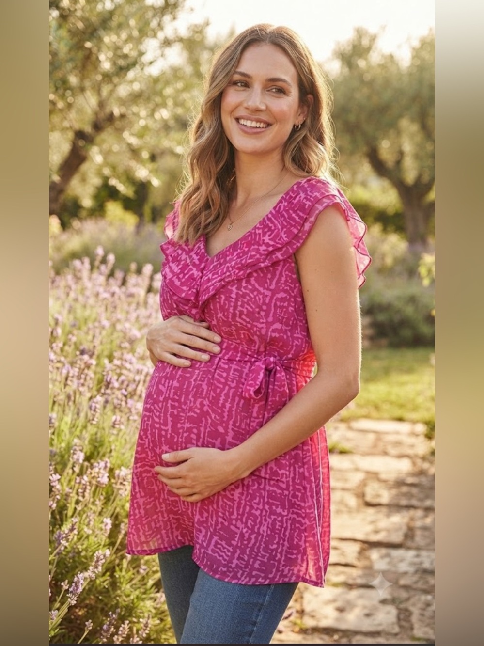 Motherhood Pink Printed Ruffle Maternity Top